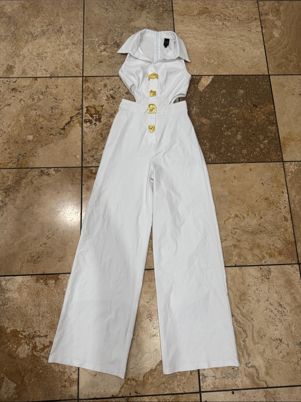 White Cutout Wide-Leg Jumpsuit with Gold Buttons S/M